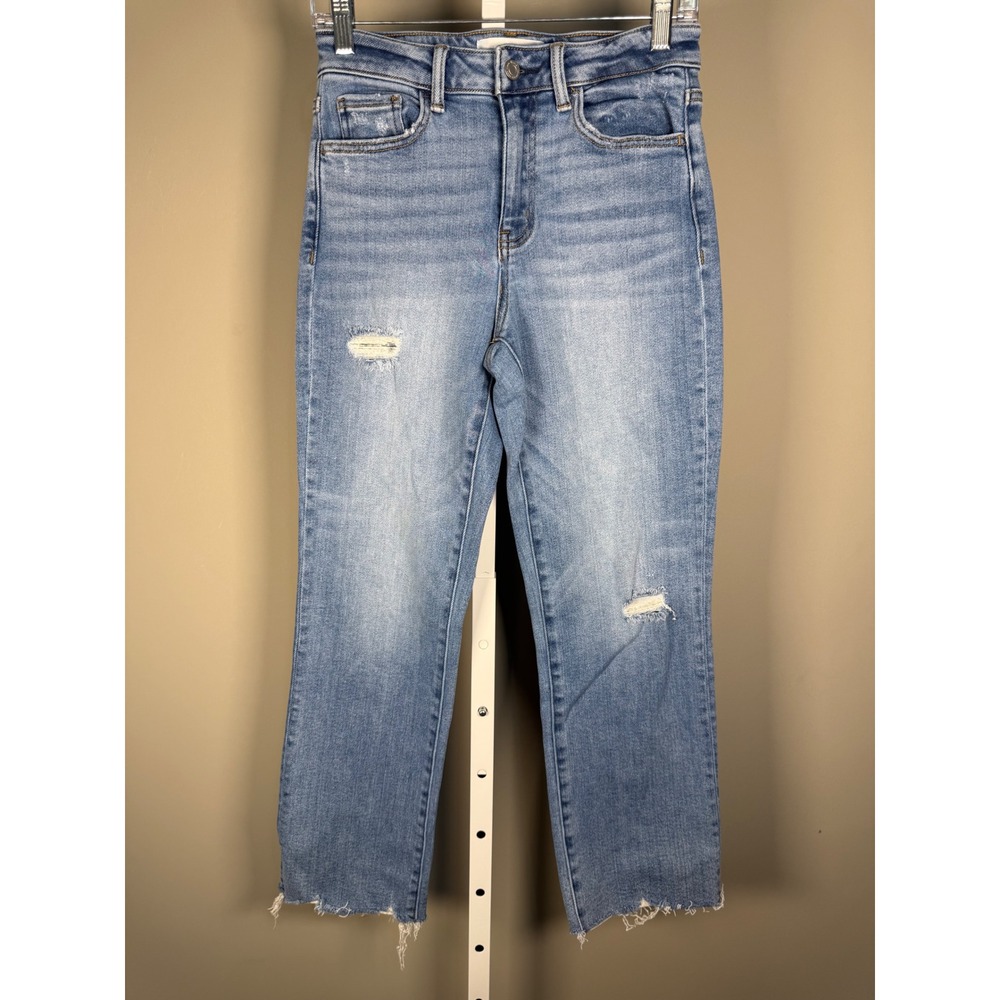 Vervet Blue Distressed High Rise Raw Hem Cropped Straight Jeans 26 - Picture 2 of 10